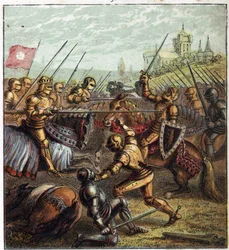 Válka dvou růží (1455-1485); Bitva u Tewkesbury (4. května 1471). Ilustrace anglické občanské války zrozené rozdělením nástupců krále Edwarda III. (1327-1377) na dvě větve. Bitva u Tewkesbury: poslední bitva ve válce Rose