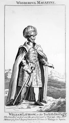 William Lithgow ve svých tureckých šatech, ilustrace z Wonderful Magazine, cca 1750-90