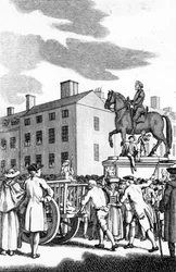 William Stroud, „Muž bičovaný u zadní části vozu za drobnou krádež od Charing Cross k Horse Guards“, vyryto pro Tyburn Chronicle