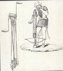 Navijákový mechanismus k natažení kuše, ilustrace z knihy „Ancient Armour“