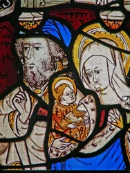 Okno Ew zobrazující svatou Marii Salome, Zebedea s malým svatým Janem