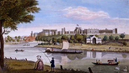 Windsorský hrad přes Temži, cca 1760 (ručně kolorovaná rytina)