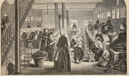 Pracovní místnost v nápravném zařízení Tothill Fields, ilustrace z knihy The Criminal Prisons of London and Scenes from Prison Life od Henryho Mayhewa a Johna Binnyho, vyd. 1862 (eng