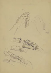 Šest studií rukou, asi 1870-90 (grafit a křída na hnědém vliesovém papíře)