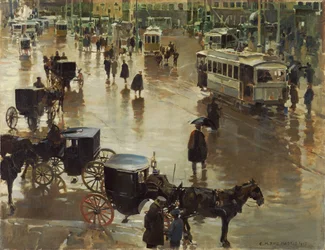 Puerta del Sol, Madrid - Martinez Cubells, Enrique (1874-1947) - 1902 - Olej na plátně - 75x96,5 - Museo Carmen Thyssen, Malaga