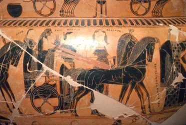 Detail Dia a Héry ve voze s Kaliope z vázy Francois, c6. století před naším letopočtem
