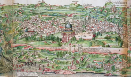 Mapa města Jeruzaléma, z „Poutníku ve Svaté zemi“ od Bernharda von Breydenbach (1440-97)