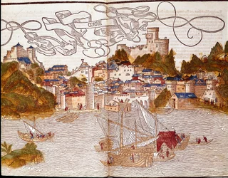 Přístav Korfu (Korfu) v Řecku Strana převzata z cestopisu „“Peregrinatio in terram sanctam““ po pouti ve Svaté zemi Bernarda z Breydenbachu (Breidenbach) (1454-1497) ilustrovaná rytinami Erharda Reuwiche