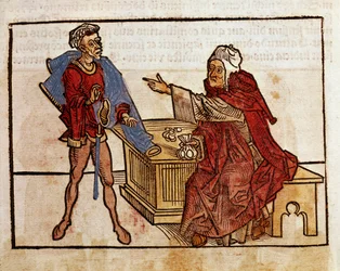 Transakce mezi Židem a lichvařem Stránka převzata z cestopisu „“peregrinatio in terram sanctam““ po pouti ve Svaté zemi Bernarda de Breydenbach (Breidenbach) (1454-1497) ilustrovaná rytinami Erharda Reuwiche