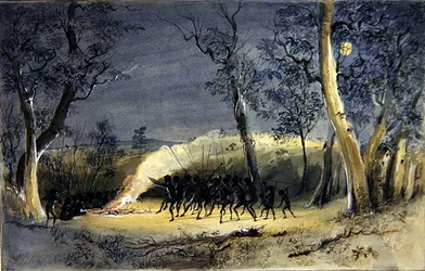 Nativní Corroboree v noci (tužka, akvarel a arabská guma na papíře)