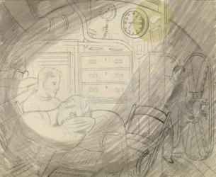 Kabina (nebo náměstí) vyšších důstojníků ponorky (ponorky). Série tužek Erica Raviliouse (1903-1942), který se nalodil na ponorku během druhé světové války (1939-1945).