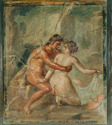 Erotická scéna, Pompeje, Itálie (freska)