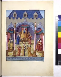 Celá stránka: Císař Karel V. na trůně, asi 1515 (temperová malba)