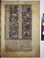 Celostránkové: osm medailonů s miniaturami a vysvětlujícím textem, asi 1225-1250 (tempera na pergamenu)