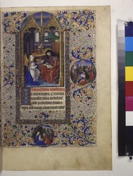 Celá strana: zarámovaná miniatura s textem a temperovou iniciálou pod ní