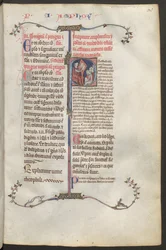 Celá strana: text a historizující iniciála: vlevo sedí komentátor Constantinus Africanus z Montecassina.