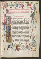 Celá strana: text, iniciála a vinná réva s erbem Fridricha III. pod ním