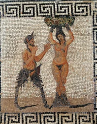 Satyr a nymfa. Mozaika z Pompejí, Itálie