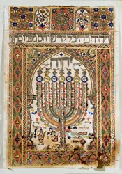 Šiviti, ozdobná deska umístěná na východní stěně synagogy, která ukazuje směr modlitby do Jeruzaléma (akvarel, plátkové zlato a zlatý prášek).