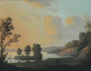 Pohled na Queenguard Manor přes jezero Fure, Severní Zéland.
