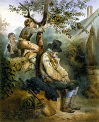 Děti kradou jablka pod nosem spícího farmáře - litografie Grenier, v.1840