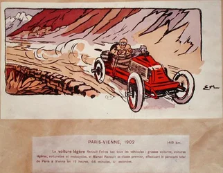 Marcel Renault (1872-1903) ve svém Renaultu Freres soutěžící v rally Paříž-Vídeň v roce 1902, kolem roku 1910 (barva litho)