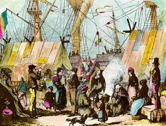 Rodiny emigrantů tábořily v přístavu Le Havre. Rytina Ernesta Chartona (1813-1905) Rytina soukromé sbírky 19. století