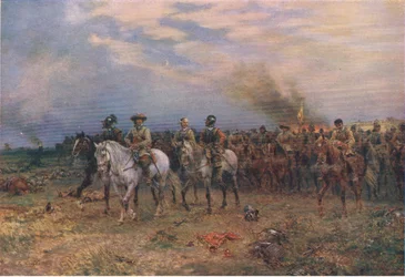 Cromwell u Marston Mooru, ilustrace z knihy The History of the British People, vydané nakladatelstvím Waverley, kolem roku 1940