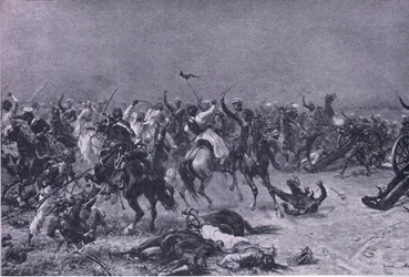 Útok králů Own Light Dragoons v Mudki, ilustrace z britských bitev na souši a na moři, 1915