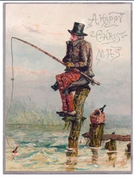 Viktoriánské vánoční přání viktoriánského muže sedícího na pařezu rybaření, c.1880
