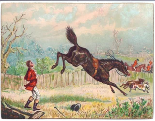 Viktoriánské přání z honu na lišku s osamělým koněm, který cválá pryč a zanechává lovce uvízlého, kolem roku 1880
