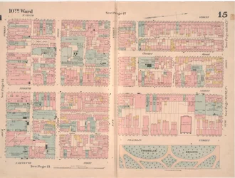 Mapa pojištění města Philadelphia; svazek 2, deska15, 1887 (ručně kolorovaná rytina)