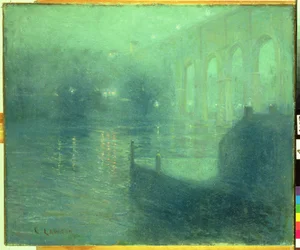 Harlem River v noci, modrý odraz (olej na plátně)