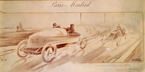 Automobilové závody: „Paříž Madrid“: Vítěz Gabriel na Mors vybavených pneumatikami Michelin „“ Ilustrace 1903