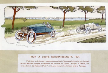 Závody: Gordon Bennett Cup (Gordon-Bennett) v roce 1904 - kresba Ernest Montaut (1878-1909).