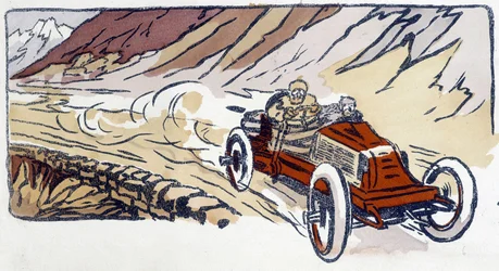 Automobil Renault v Paříži-Vídni 1902 Kresba Ernesta Montauta (1878-1909).