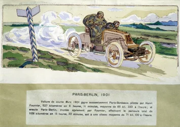 Závod Paříž - Berlín v roce 1901, kresba Ernest Montaut (1878-1909).