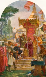 Král Jan udělující Magna Chartu v Runnymede, na břehu řeky Temže poblíž Windsoru, Anglie, 15. června 1215. Z Cassell