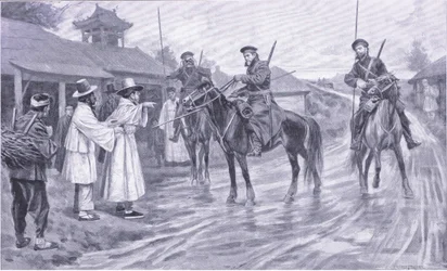 Kozáci zvědové shromažďují informace od korejského zajatce, ilustrace z Cassellse Historie rusko-japonské války Vol 1, kolem roku 1900