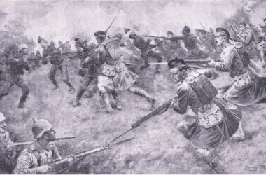 Galantní obvinění londýnských skotských, z History of the Great War Vol 3 vydané nakladatelstvím Waverley Book Co Limited, kolem roku 1920