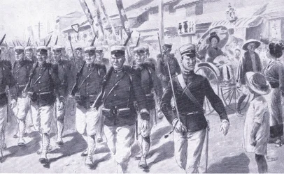 Japonci pochodují Tokiem, ilustrace z Cassells Historie rusko-japonské války Vol 1, kolem roku 1900