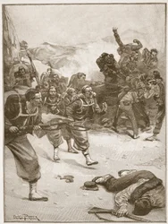 Zouavesové dobyli jednu z barikád prudkým útokem na bajonet, ilustrace z 