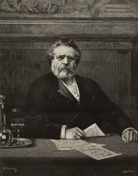 Giosue Carducci (1835-1907), italský básník a spisovatel, laureát Nobelovy ceny v roce 1906, rytina Ernesta Mancatroppy z malby Vittoria Corcose, z L