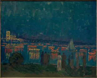 Lampionový průvod na Außenalster s Uhlenhorster Fährhaus v pozadí