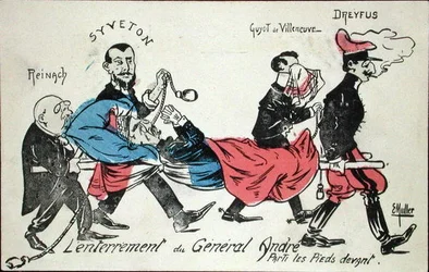 Pohřeb generála Andreho provedli nejprve Joseph Reinach (1856-1921), Gabriel Syveton (1864-1904), Guyot de Villeneuve a Alfred Dreyfus (1855-1935) 1913 (ručně kolorovaný lept)