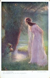 Žabí princ dává princezně zlatý míč, který našel v rybníce. (Počátek 20. století)