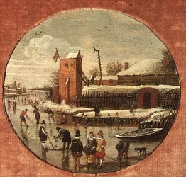 Zimní krajina s bruslaři (panel)