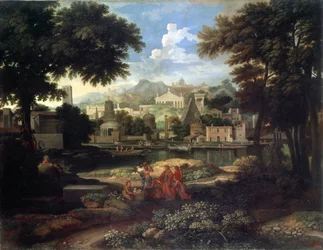 ""Krajina s Mojžíšem zachráněným z vod Nilu"" (Krajina s Mojžíšem zachráněným z Nilu) Obraz od Etienna Allegraina (1653-1736) Ermitážní muzeum, Petrohrad.