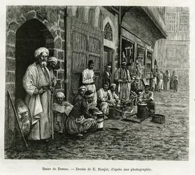 Damašský bazar. Rytina E.Ronjata pro ilustraci příběhu La Syria d