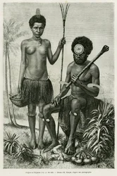 Fidžijský pár. Rytina E.Ronjata k ilustraci příběhu Promenades en Oceanie, od Aylic Marin, in le tour du monde 1887, režie Edouard Charton (1807-1890), Hachette, Paříž.